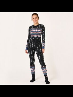 Sweaty Betty Ski Base Layer Set Top S Leggings XS Black Fair Isle Print NWOT